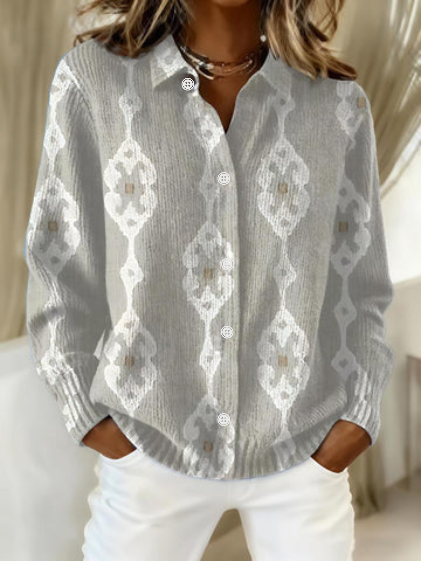 Renee - Elegant Knitted Blouse With Diamond Pattern, Soft Hoodie Material