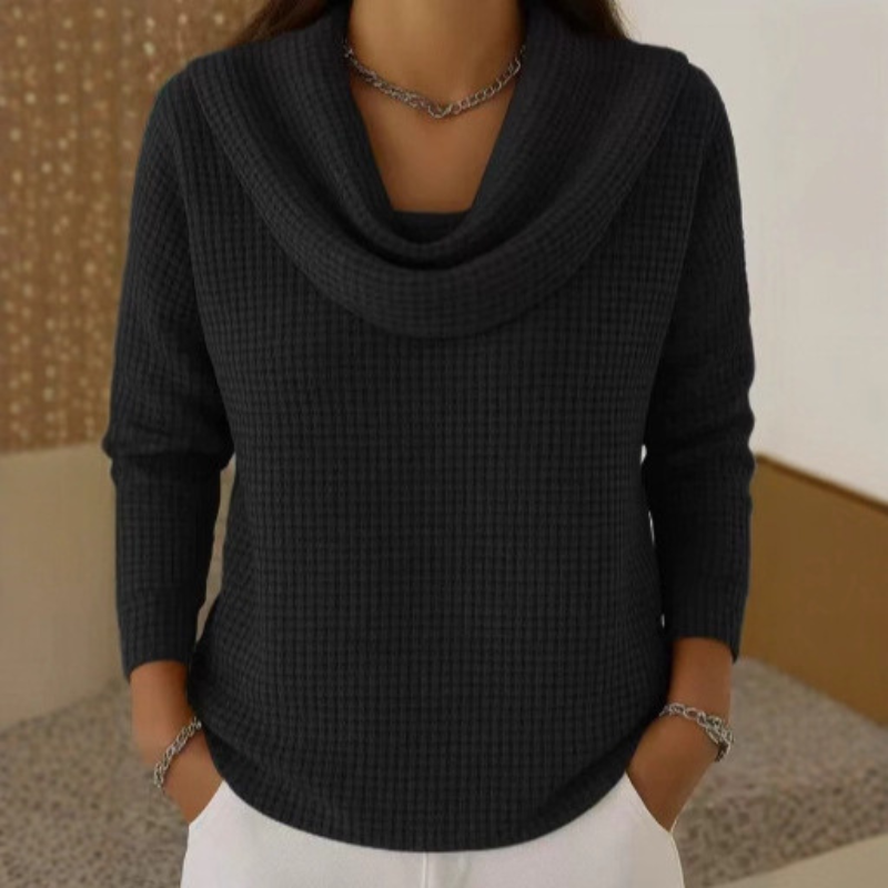 Amber - Warm Waffle Sweater With Elegant Waterfall Neck
