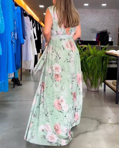Gia - Sleeveless Floral Split Hem Long Dress