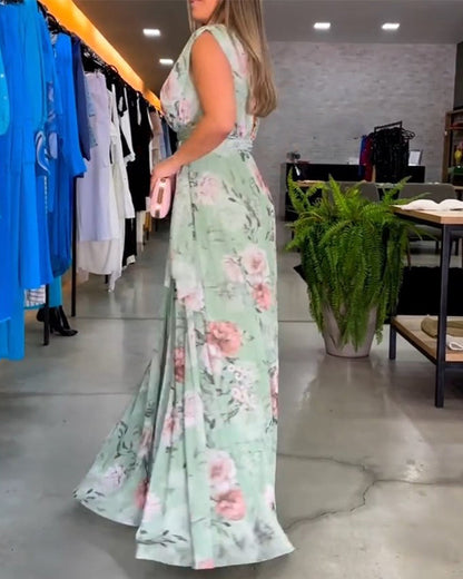 Gia - Sleeveless Floral Split Hem Long Dress