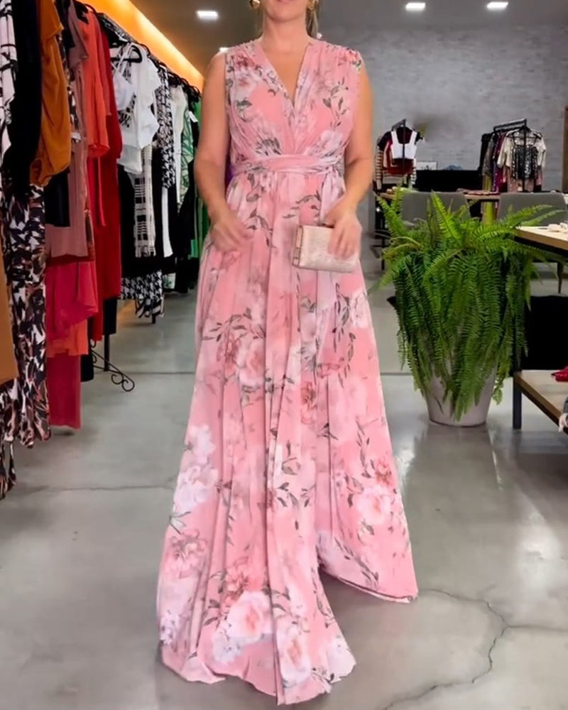 Gia - Sleeveless Floral Split Hem Long Dress