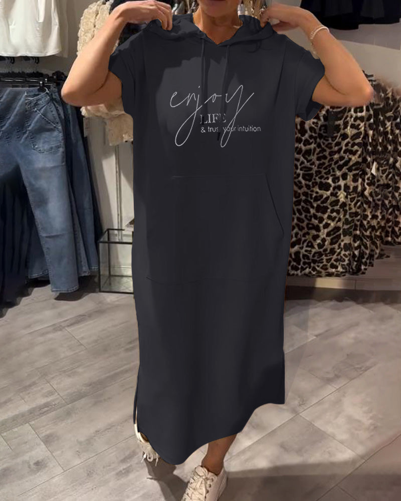 Parker - Casual Letter Print Hooded Pullover Dress