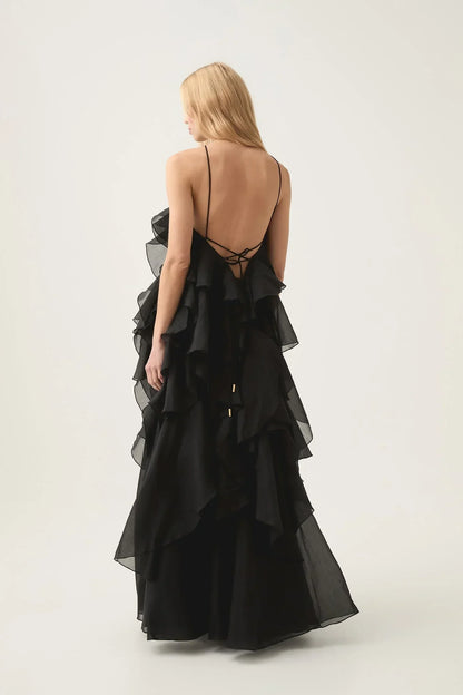 Nephele - Long Halter Ruffle Cocktail Dress