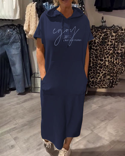 Parker - Casual Letter Print Hooded Pullover Dress