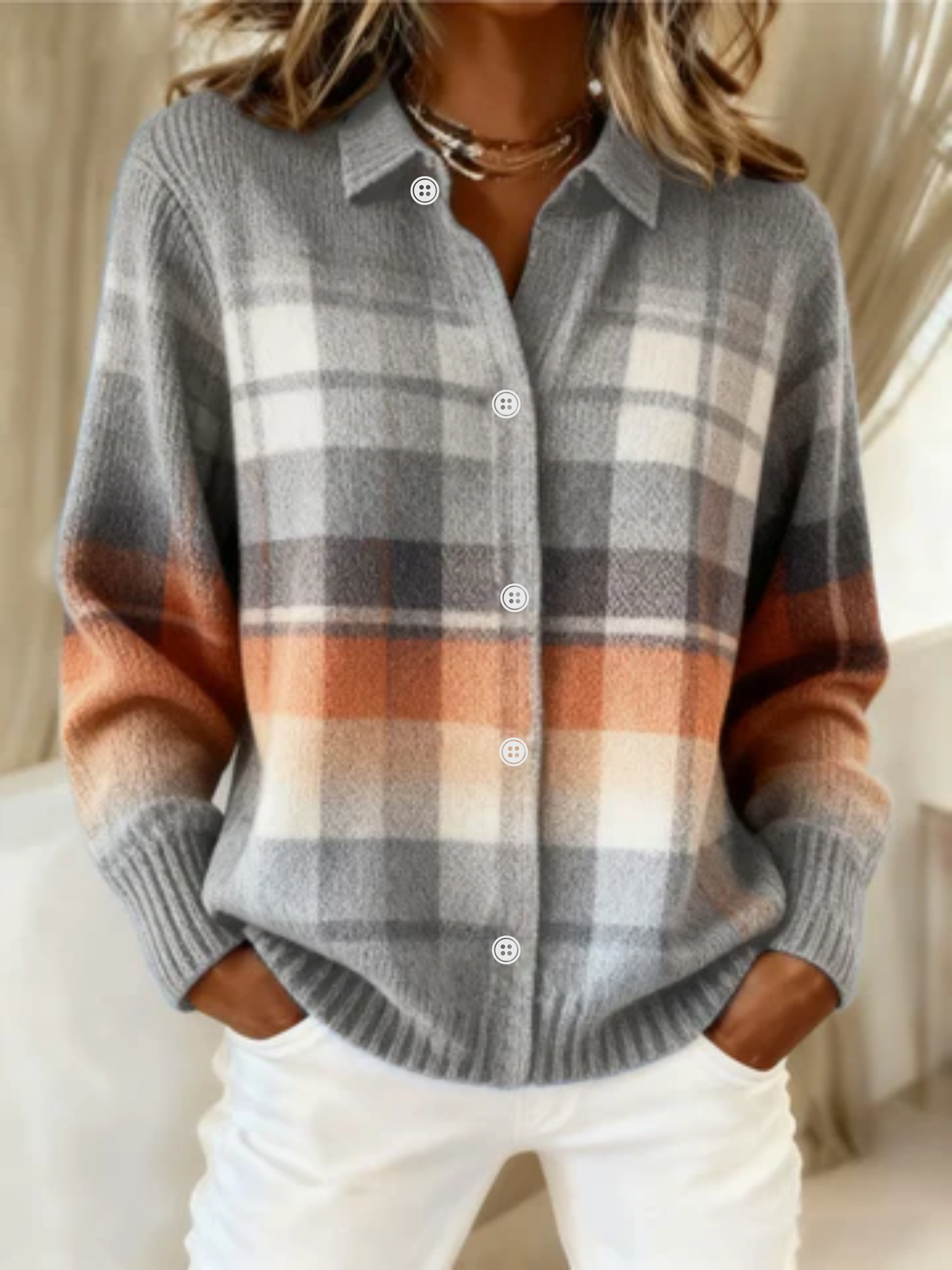 Elena - Checkered Blouse In Soft Tones, Soft Hoodie Material