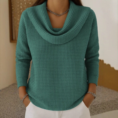 Amber - Warm Waffle Sweater With Elegant Waterfall Neck