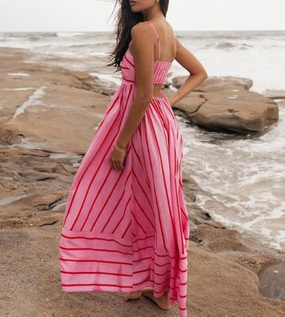 Elsie - Women’s Slash Neck Stripe Slip Maxi Dress