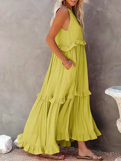 Delilah - Elegant Halter Neck Ruffle Trim Dress