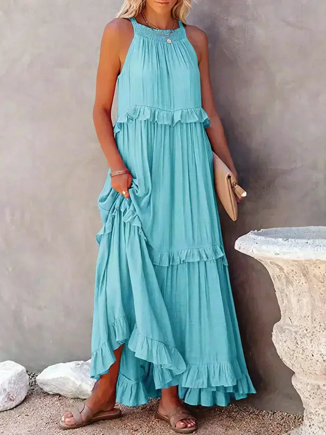 Delilah - Elegant Halter Neck Ruffle Trim Dress