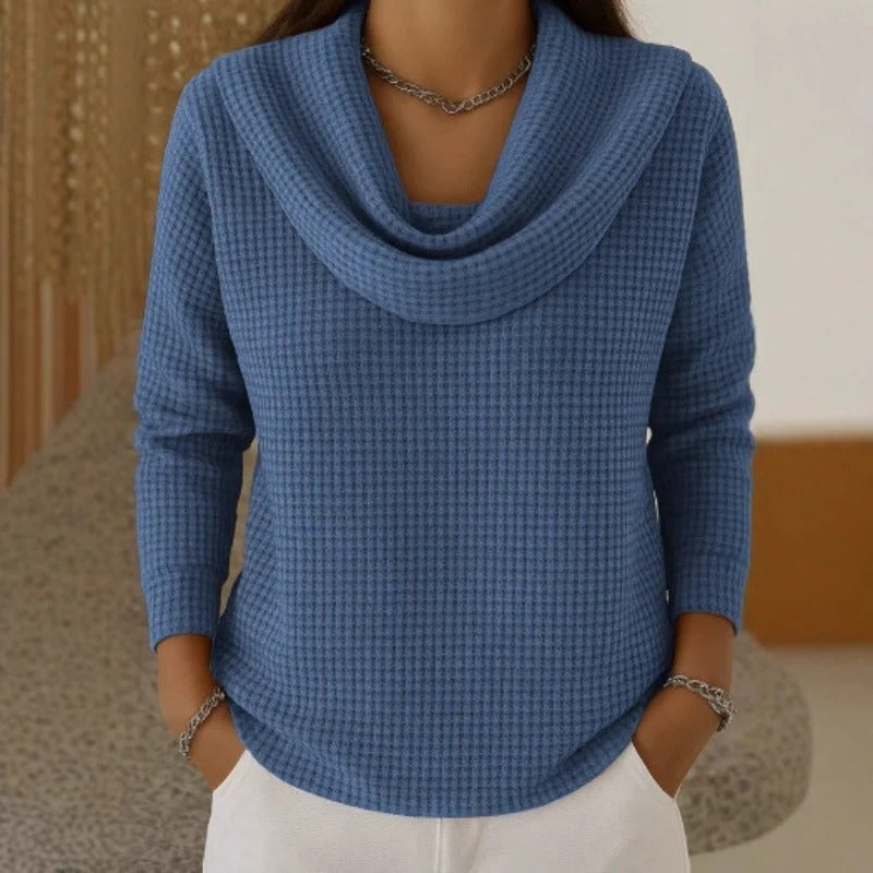 Amber - Warm Waffle Sweater With Elegant Waterfall Neck