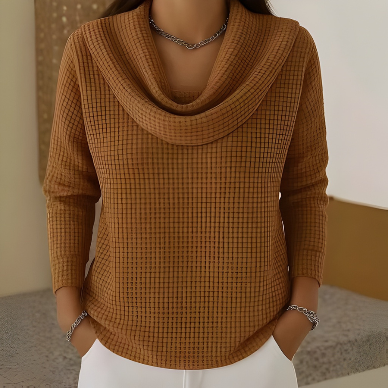 Amber - Warm Waffle Sweater With Elegant Waterfall Neck