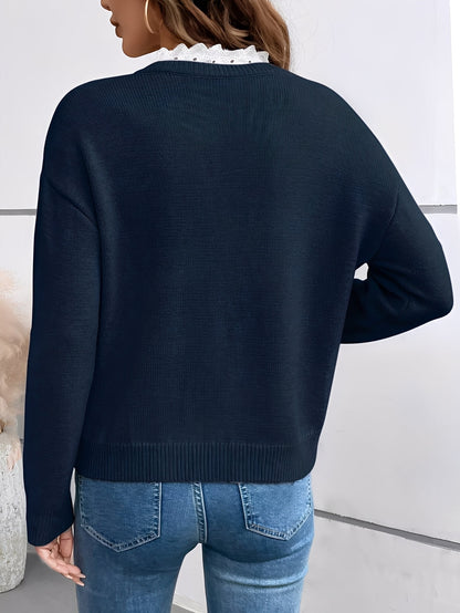 Celine - Chic Knit Sweater With Elegant Lace Collar