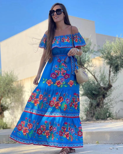 Oceana - Printed Lace-Up Waist Long Dress