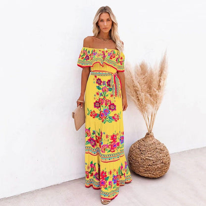 Oceana - Printed Lace-Up Waist Long Dress