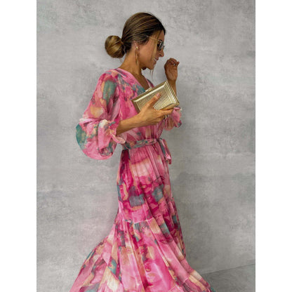 Trinity - Pleated V-Neck Boho Maxi Dress