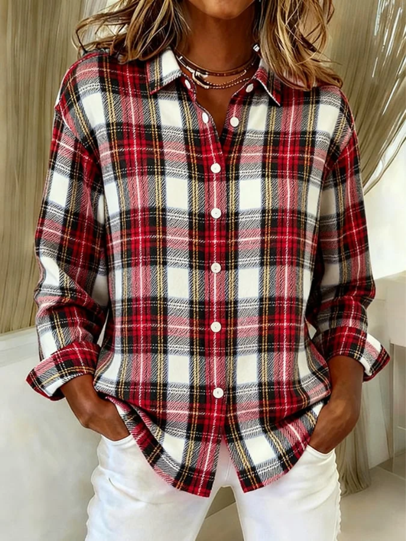 Mira - Classic Checked Blouse, Soft Hoodie Material