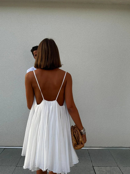 Olive - Pleated V-neck Mini Beach Dress