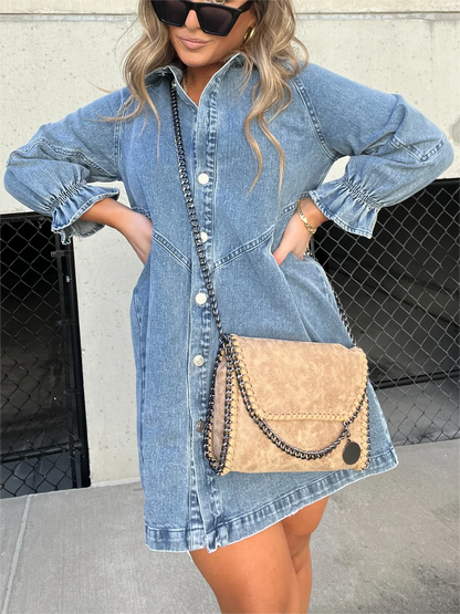 Galilea - Chic Turn-Down Collar Denim Midi Dress