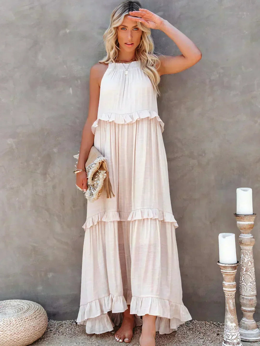 Delilah - Elegant Halter Neck Ruffle Trim Dress