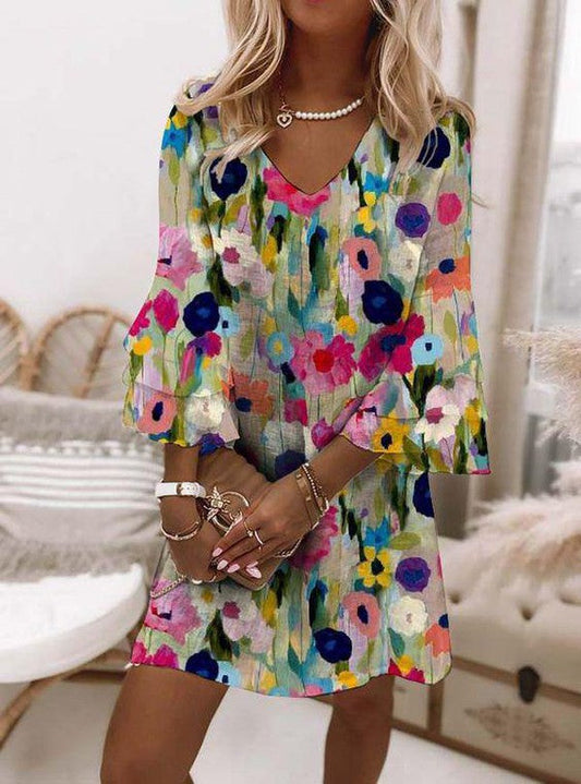 Tabitha - Romantic Floral Print V-Neck Mini Dress