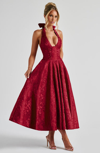 Renata - Jacquard Lace-Up Waist Maxi