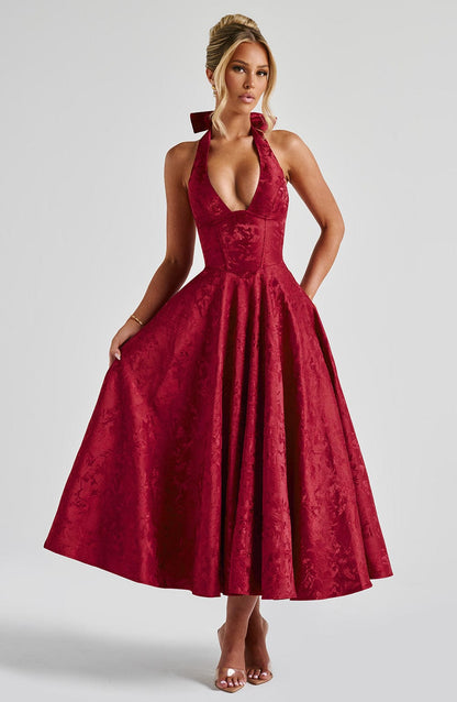 Renata - Jacquard Lace-Up Waist Maxi