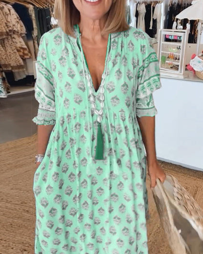 Jasmine - Relaxed Long Lantern Sleeves Boho Maxi Dress