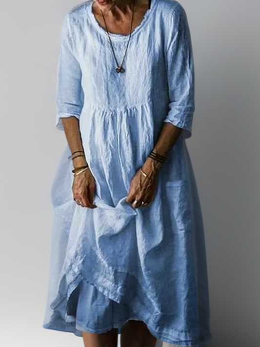 Katie - Summer Pleated Cotton Linen Midi Dress