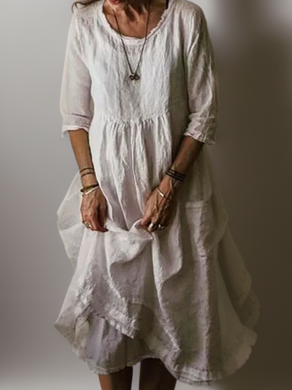 Katie - Summer Pleated Cotton Linen Midi Dress