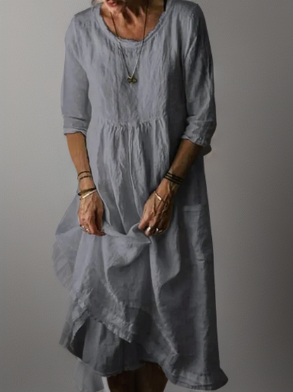 Katie - Summer Pleated Cotton Linen Midi Dress