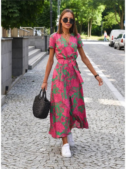 Vada - Sunset Stroll V-Neck Slit Print Dress